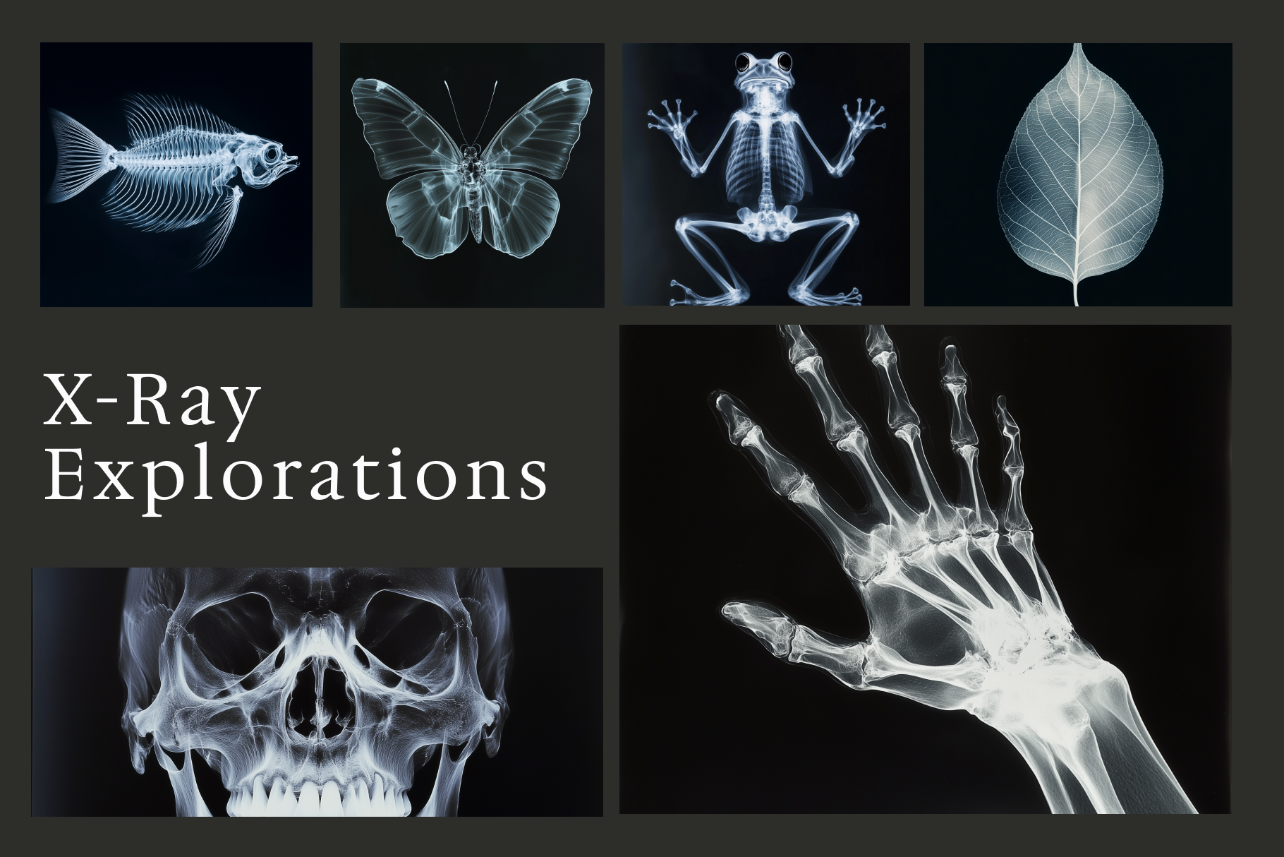 A collage of X-ray style images including a fish, a butterfly, a leaf, a skull, and a hand.
