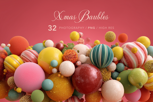 Colorful Christmas baubles on a pink background with 'Xmas Baubles' text.