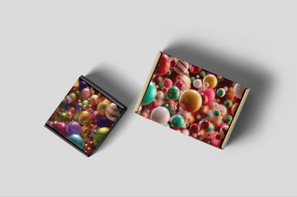 Two rectangular boxes with colorful ball pattern on a light gray background