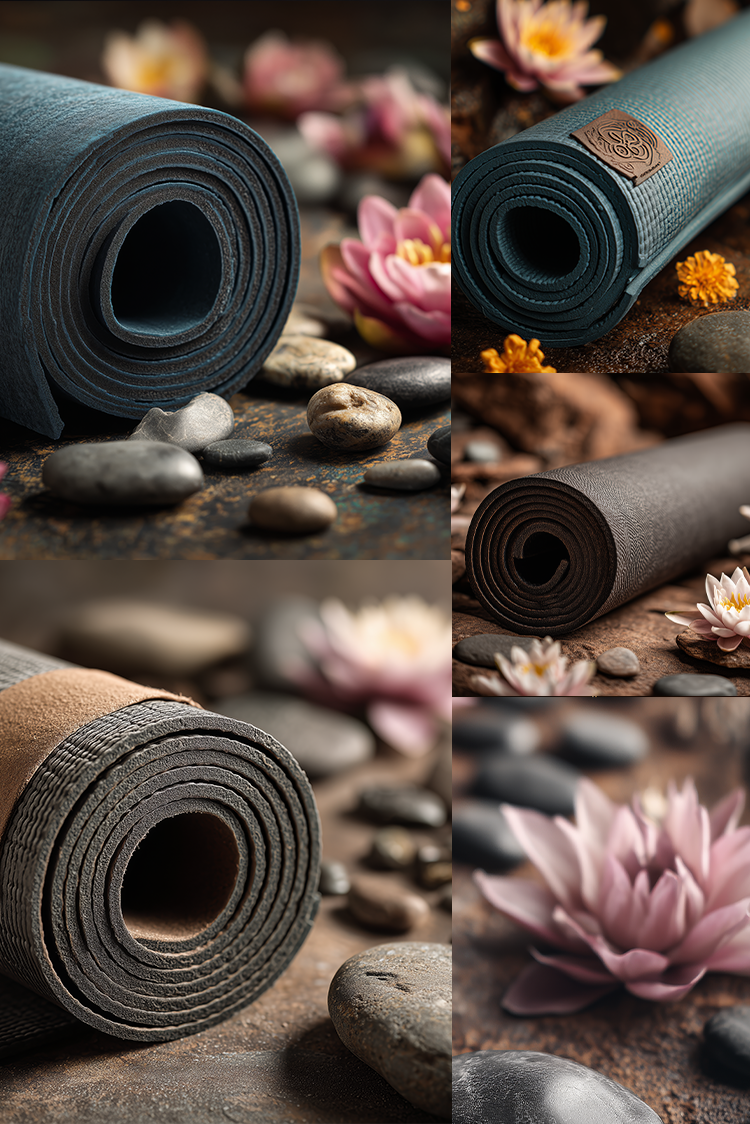 A collage of four views showing a rolled yoga mat in dark gray and black tones, styled with smooth stones, pink lotus flowers, and a textured wooden surface.