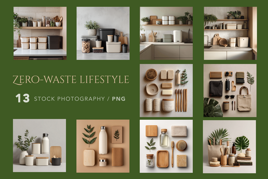 Collage of zero-waste lifestyle products and home decor on a green background with text 'Zero-Waste Lifestyle'.
