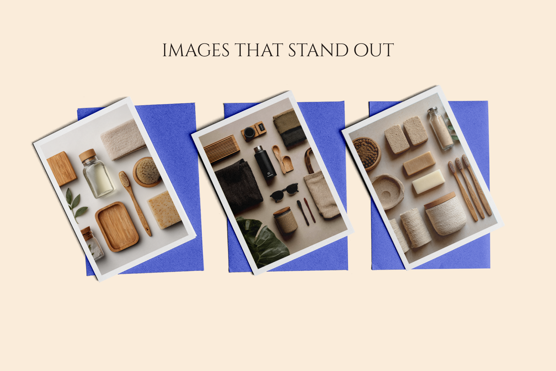 Three images of a wooden product set on a blue background with text 'IMAGES THAT STAND OUT'.