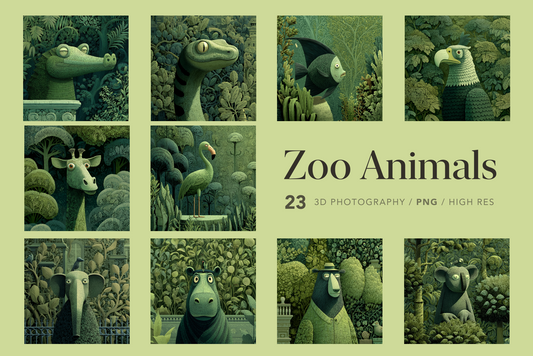 Collage of zoo animals in a forest setting with 'Zoo Animals' text and product details.
