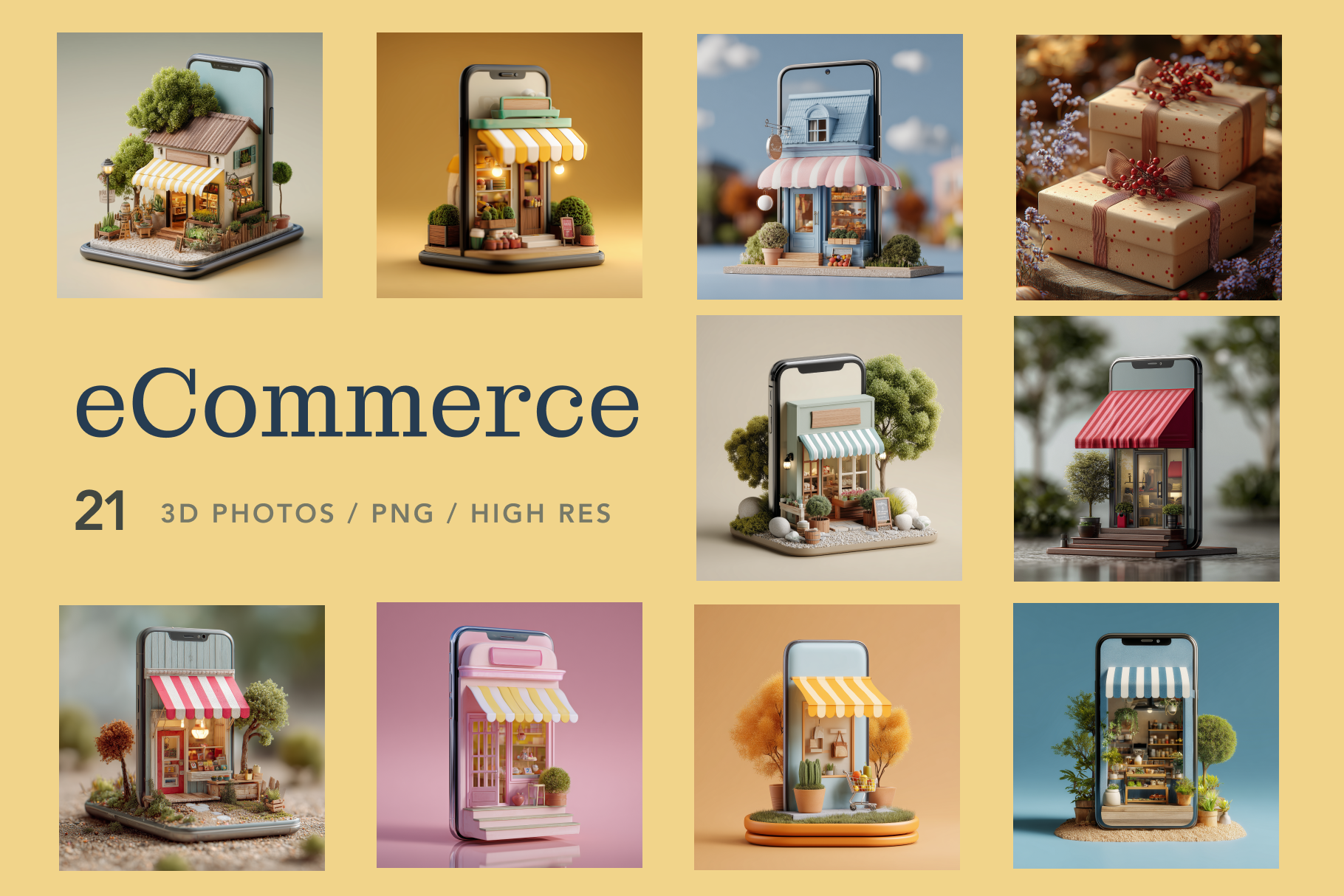 Collage of 3D-rendered miniature storefronts on a smartphone with 'eCommerce' text and product details.