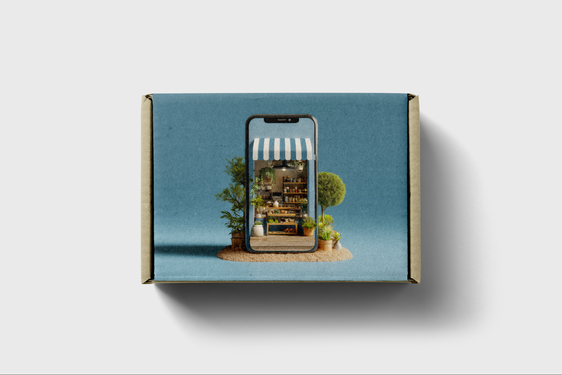 Product packaging with a scenic design on a white background