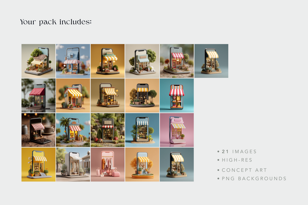 Grid of small store models with colorful awnings on a light gray background, labeled as part of a product pack with 21 images and high-res concept art.