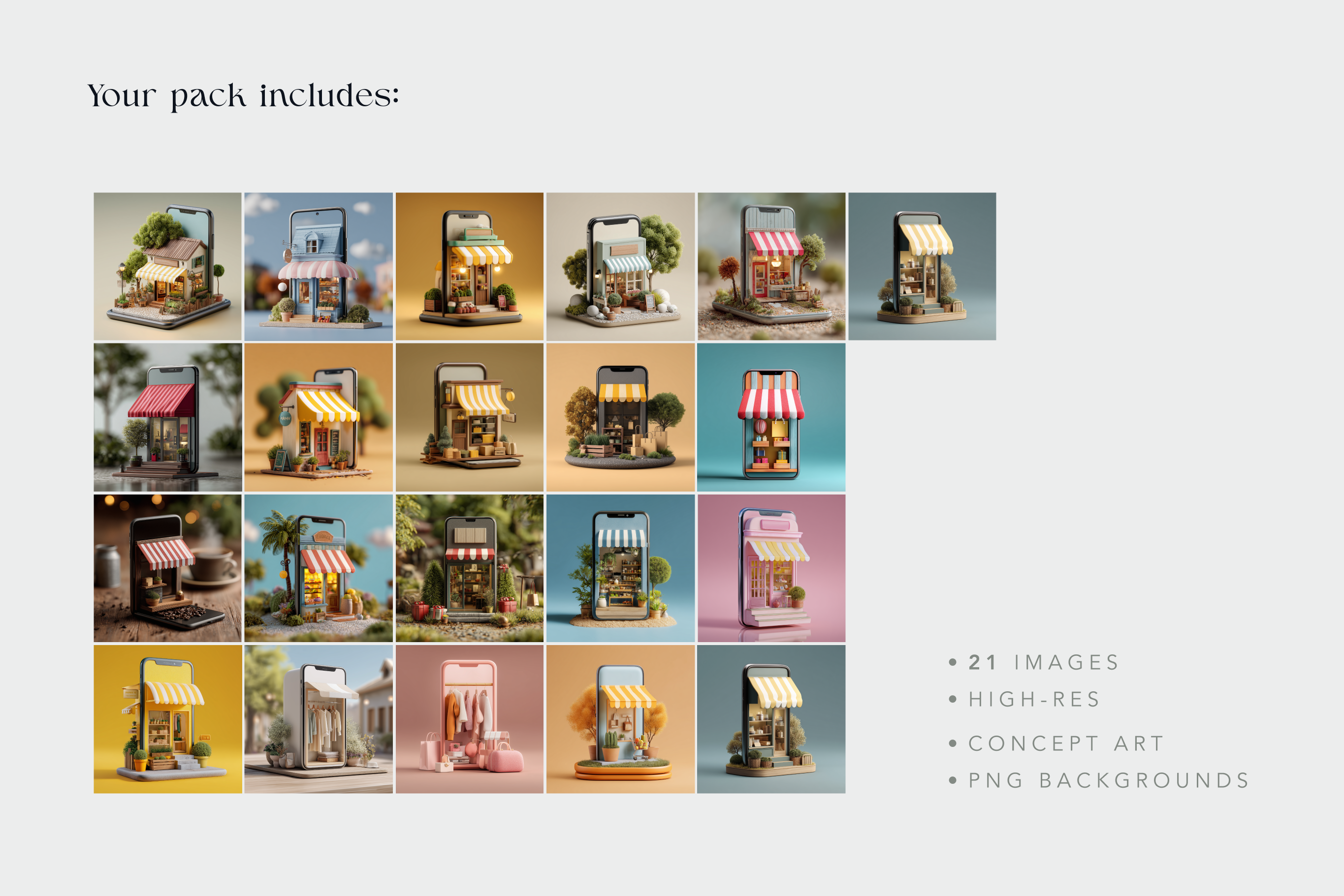 Grid of small store models with colorful awnings on a light gray background, labeled as part of a product pack with 21 images and high-res concept art.