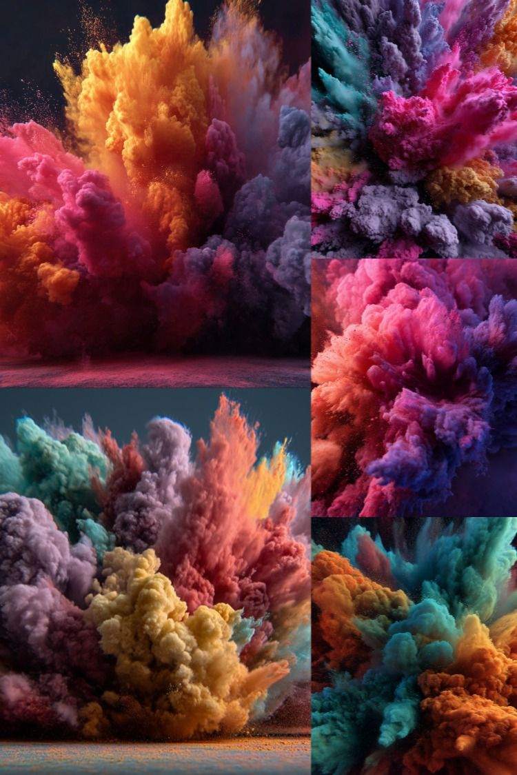 Collage of colorful powder explosions in various hues.
