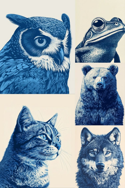 Collage of blue illustrations of an owl, frog, bear, cat, and wolf on a beige background