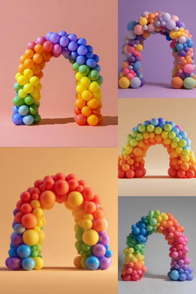 Collage of colorful balloon arches in various colors on a plain background