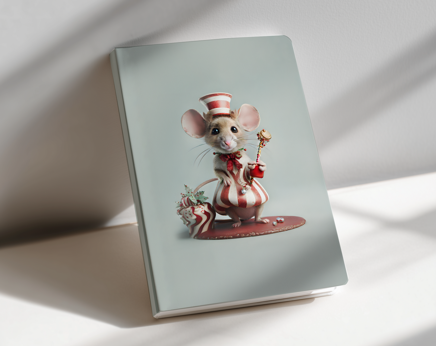 Notebook with a decorative cover featuring a mouse in a hat and outfit on a light background