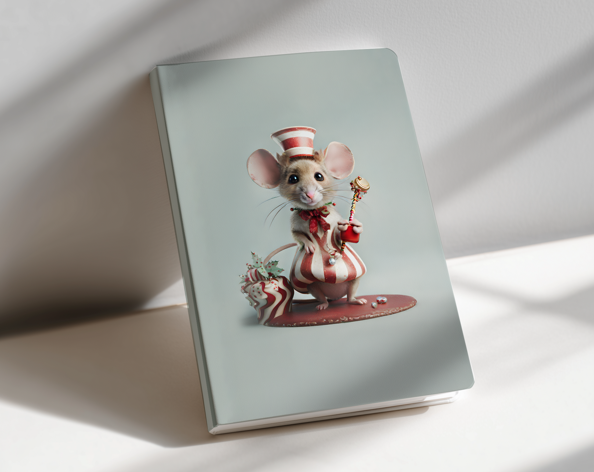 Notebook with a decorative cover featuring a mouse in a hat and outfit on a light background