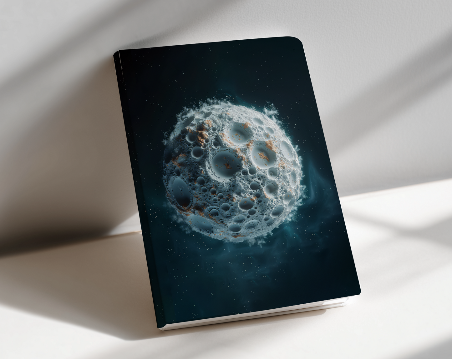 Notebook with a moon-like design on a white surface