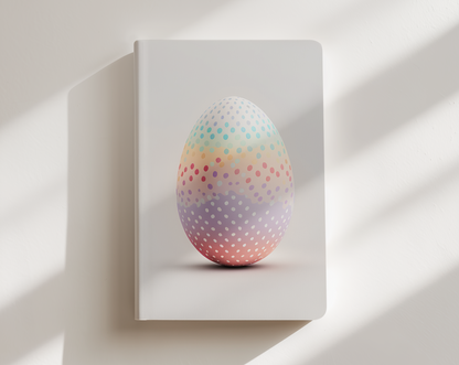 Colorful polka dot egg on a white surface with soft shadows
