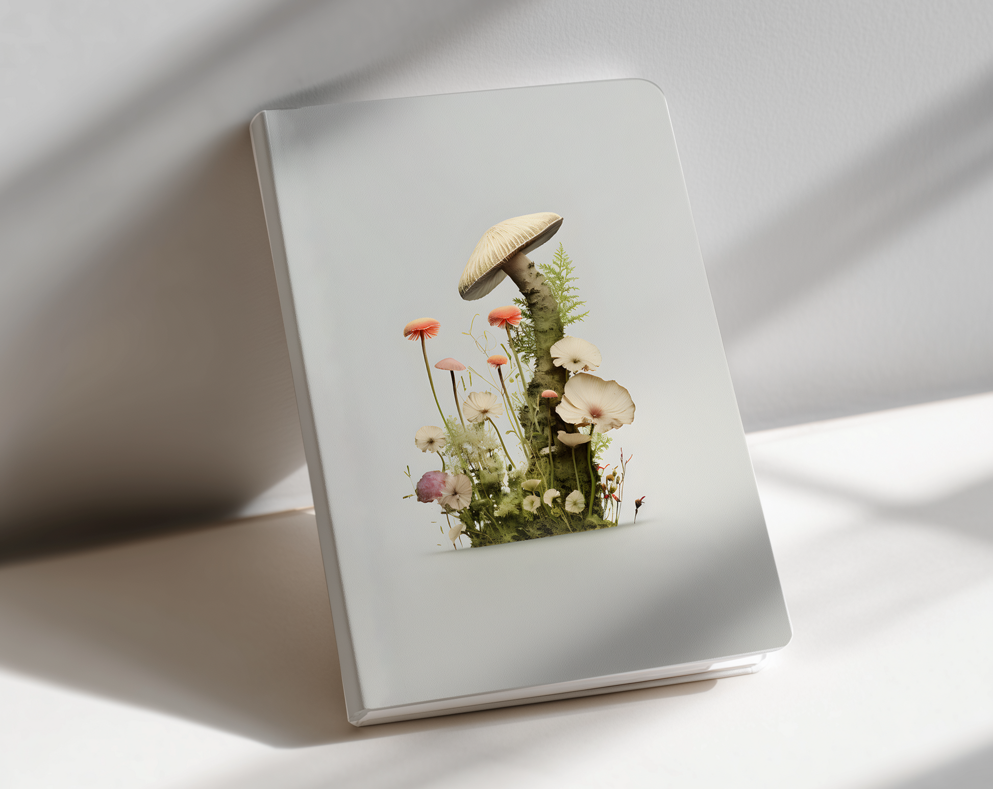 Notebook with a mushroom illustration on a white surface