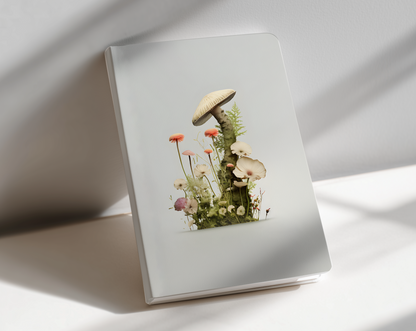 Notebook with a mushroom illustration on a white surface