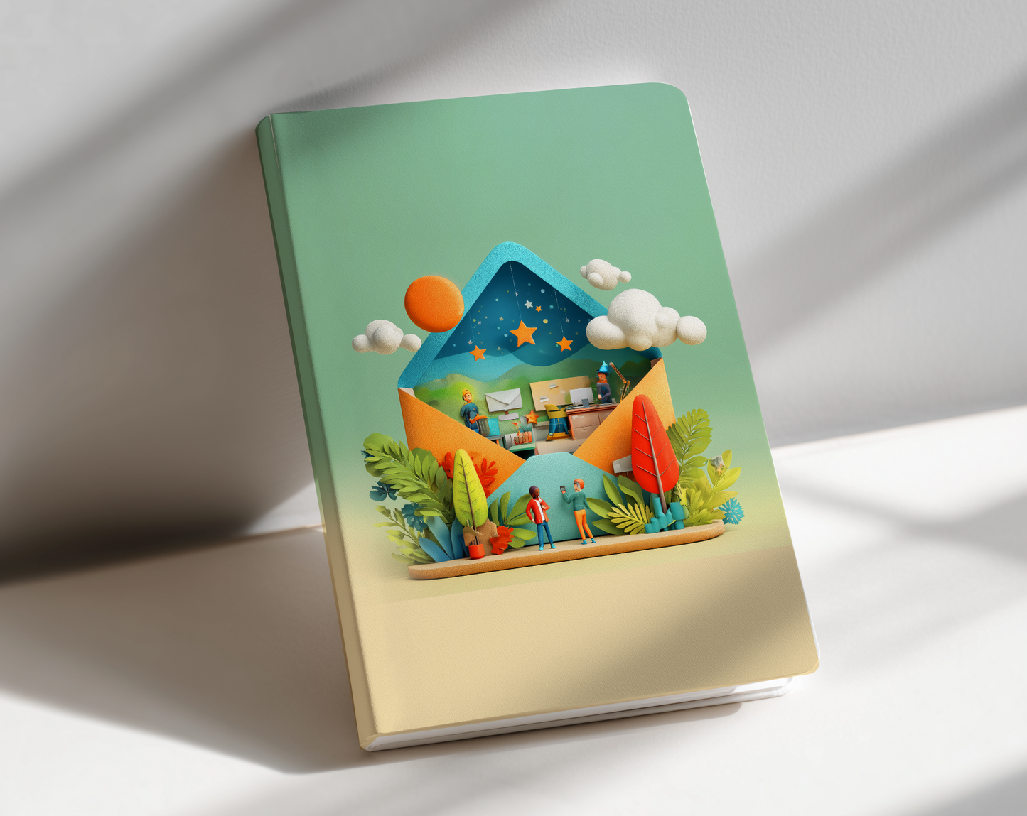 Whimsical cover featuring an open envelope with an illustrated office inside
