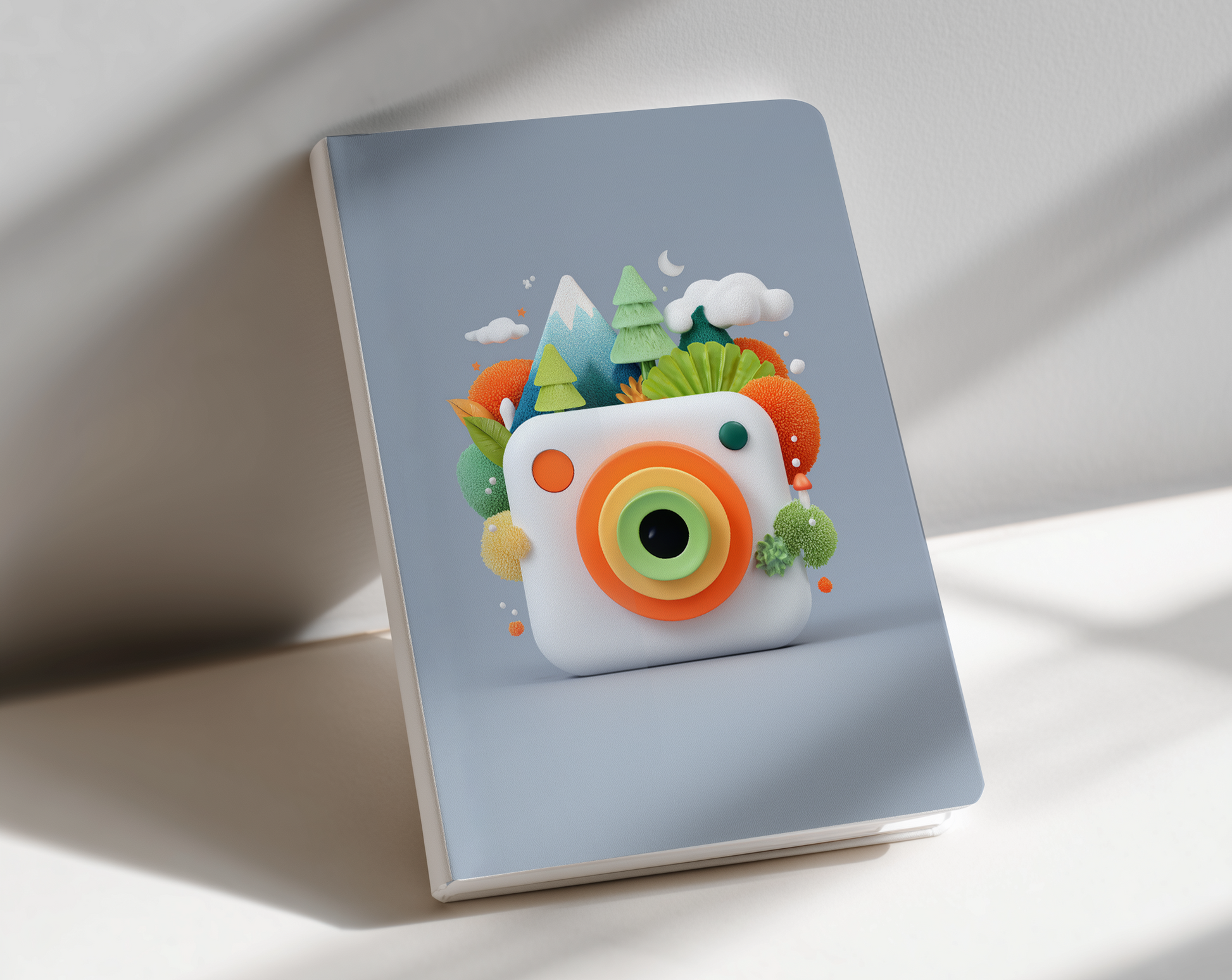Notebook with a colorful camera design on a light background