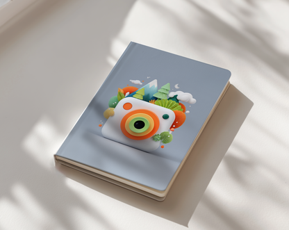 Notebook with a colorful camera design on a light surface
