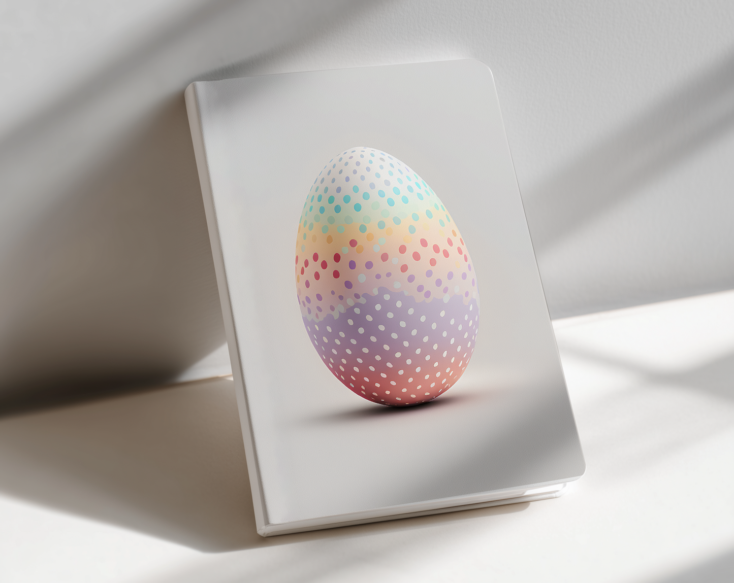 Colorful polka dot egg on a white surface with a soft shadow