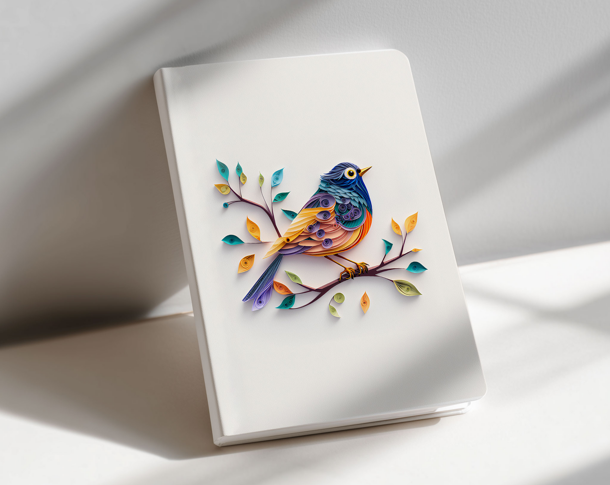 Colorful bird illustration on a white notebook cover