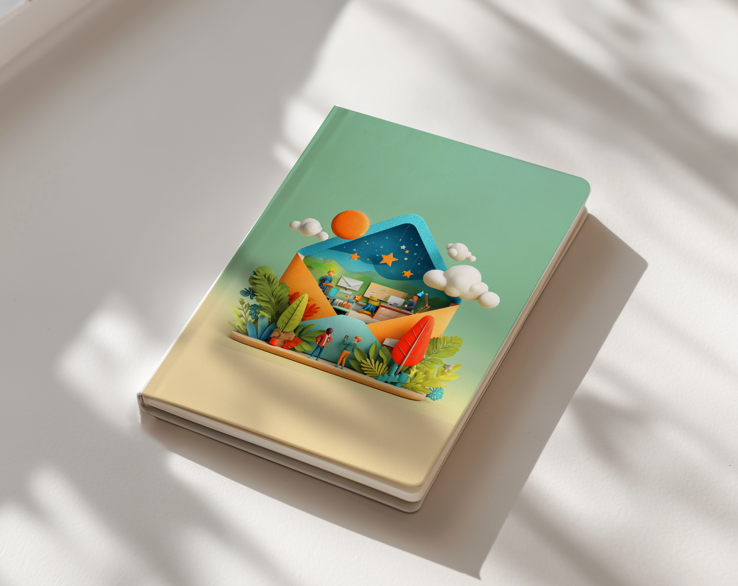 Notebook with a colorful illustration on a light surface