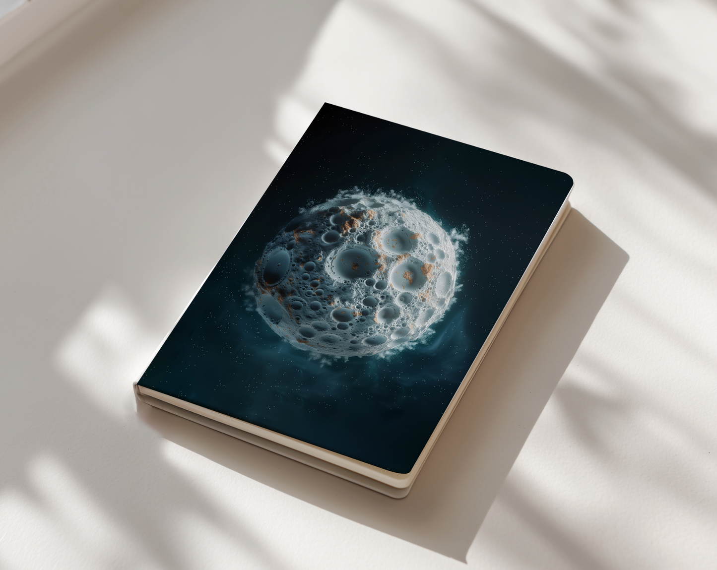 Notebook with a cover featuring a cosmic design on a light surface