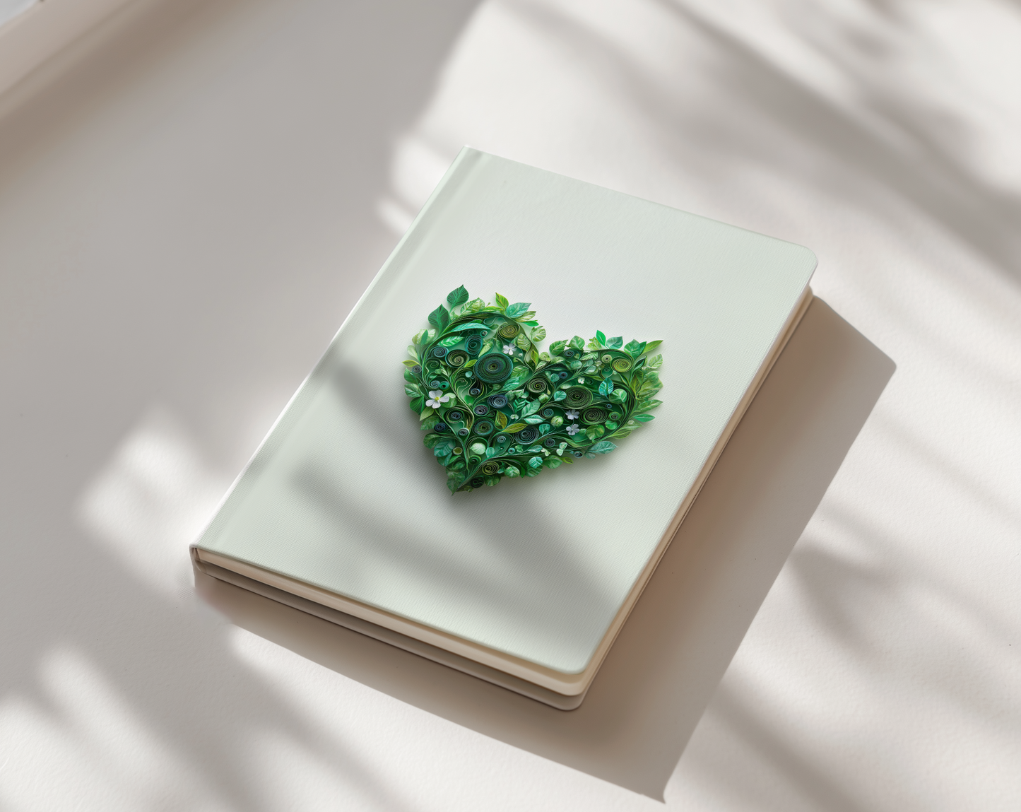 Book with a green heart-shaped decorative item on a white surface
