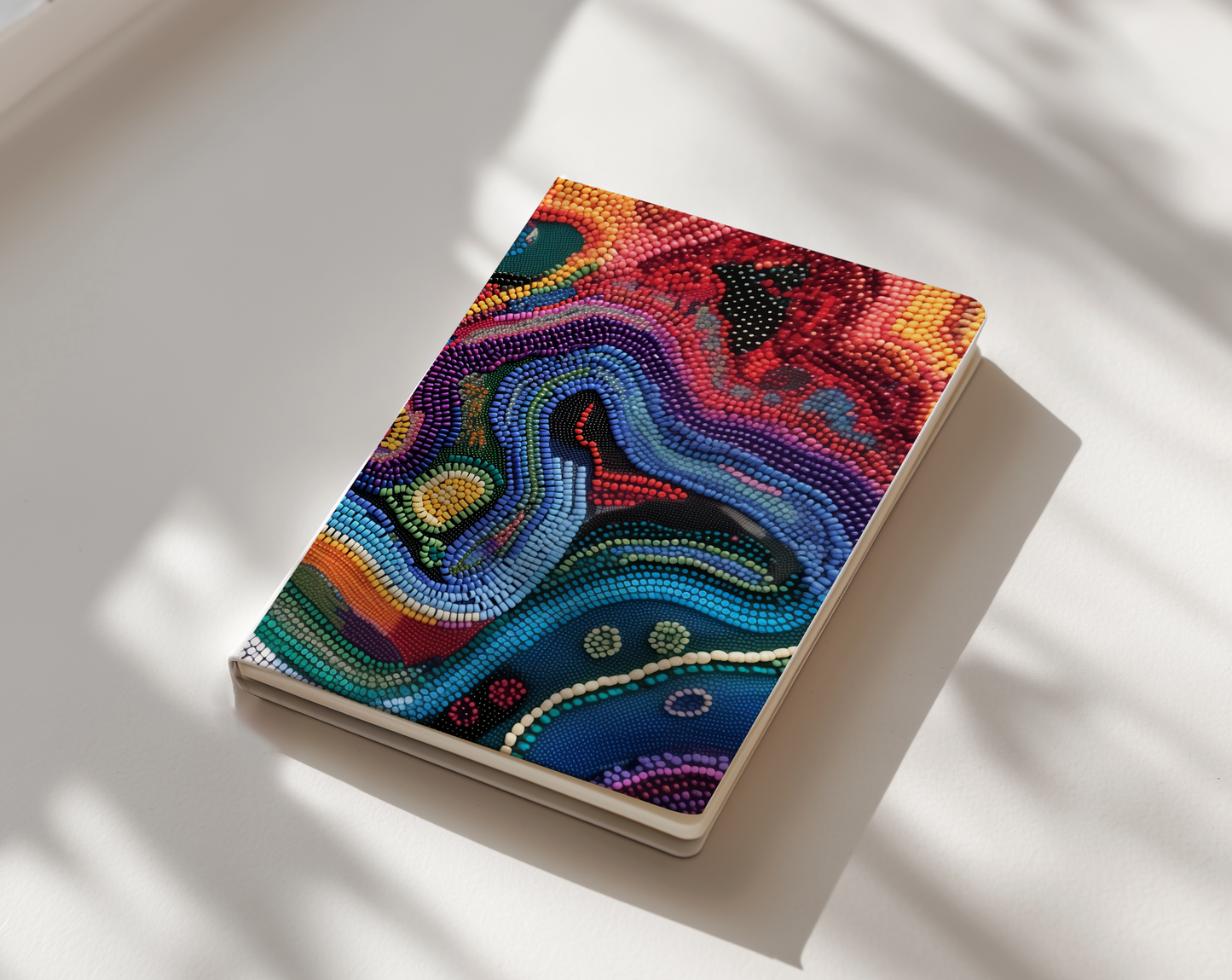 Colorful notebook with abstract design on a white surface