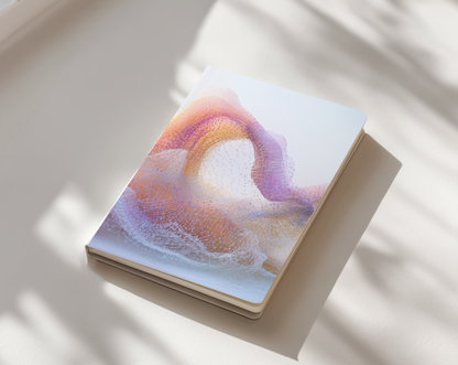 Notebook with a colorful abstract design on a light surface