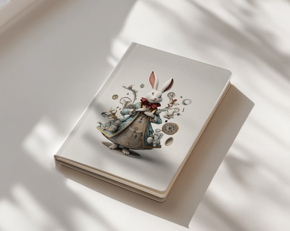 Notebook with a decorative rabbit illustration on a light background