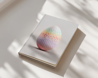 Notebook with a colorful polka dot egg on a white surface