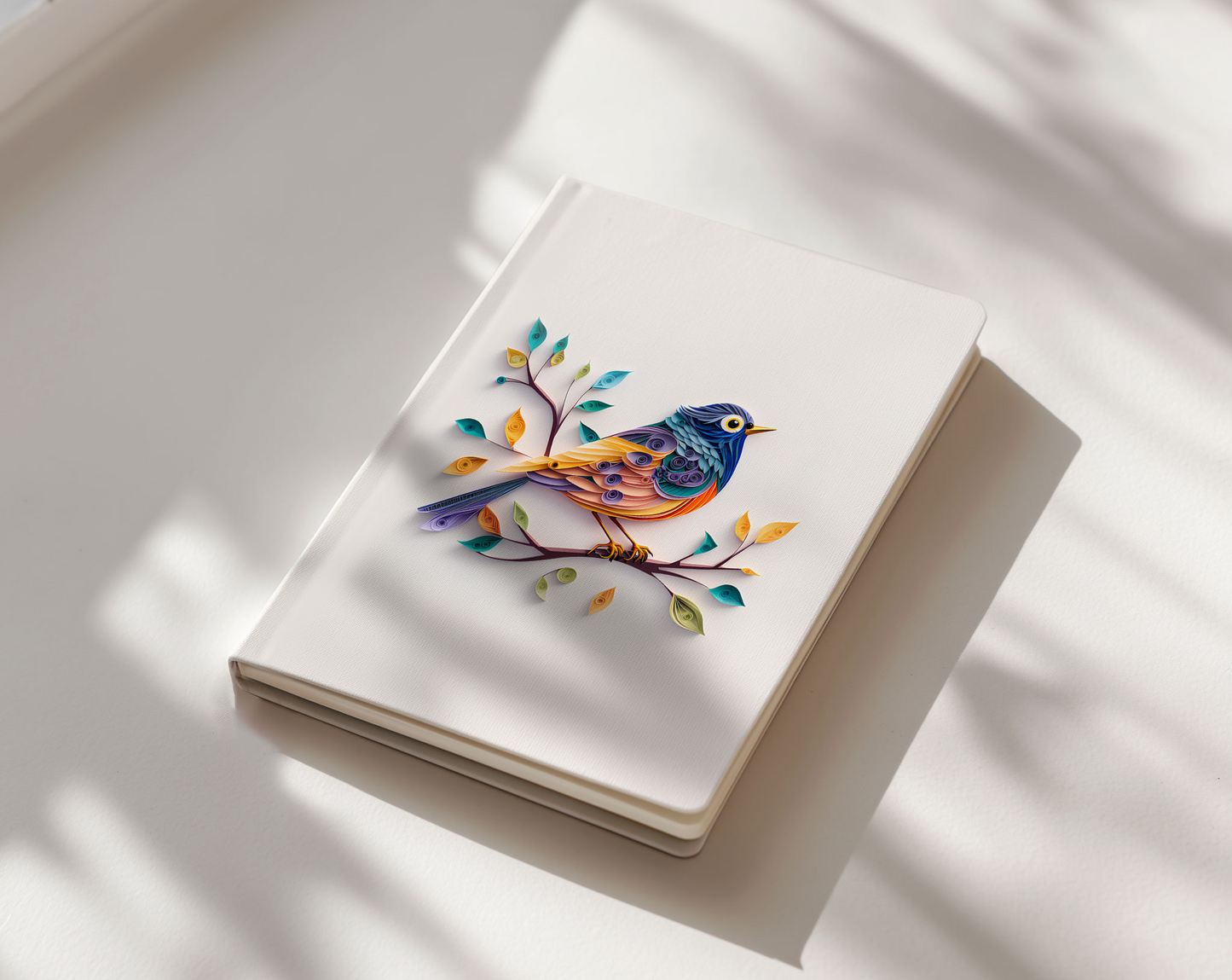 Notebook with a colorful bird illustration on a white surface