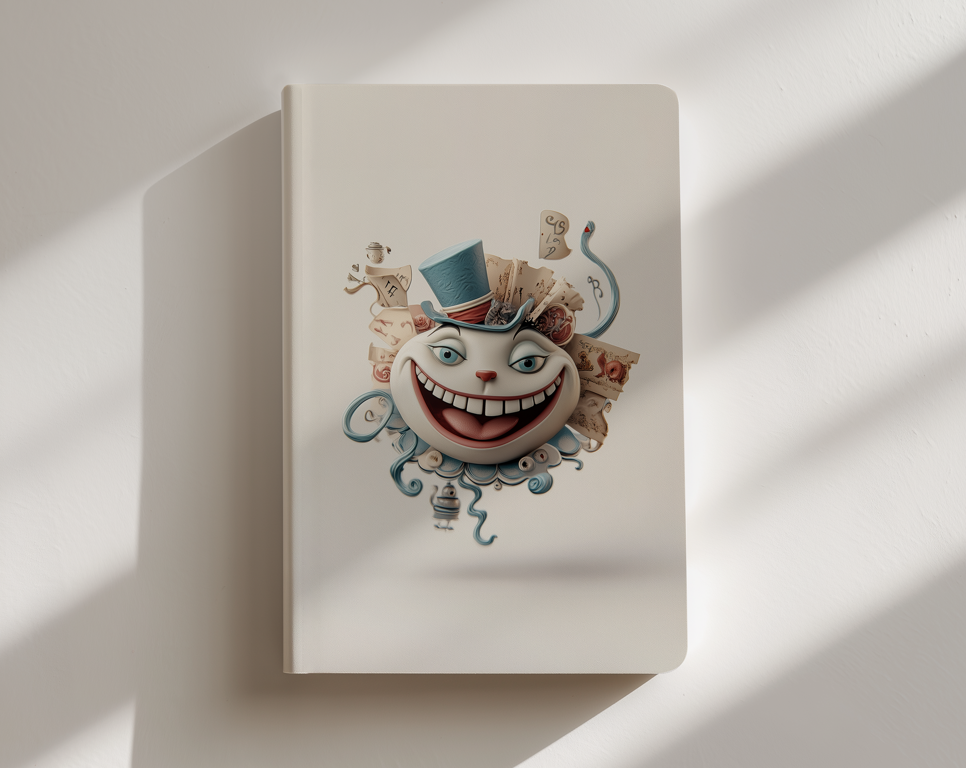 Book with a decorative cover featuring a smiling face and top hat on a white background