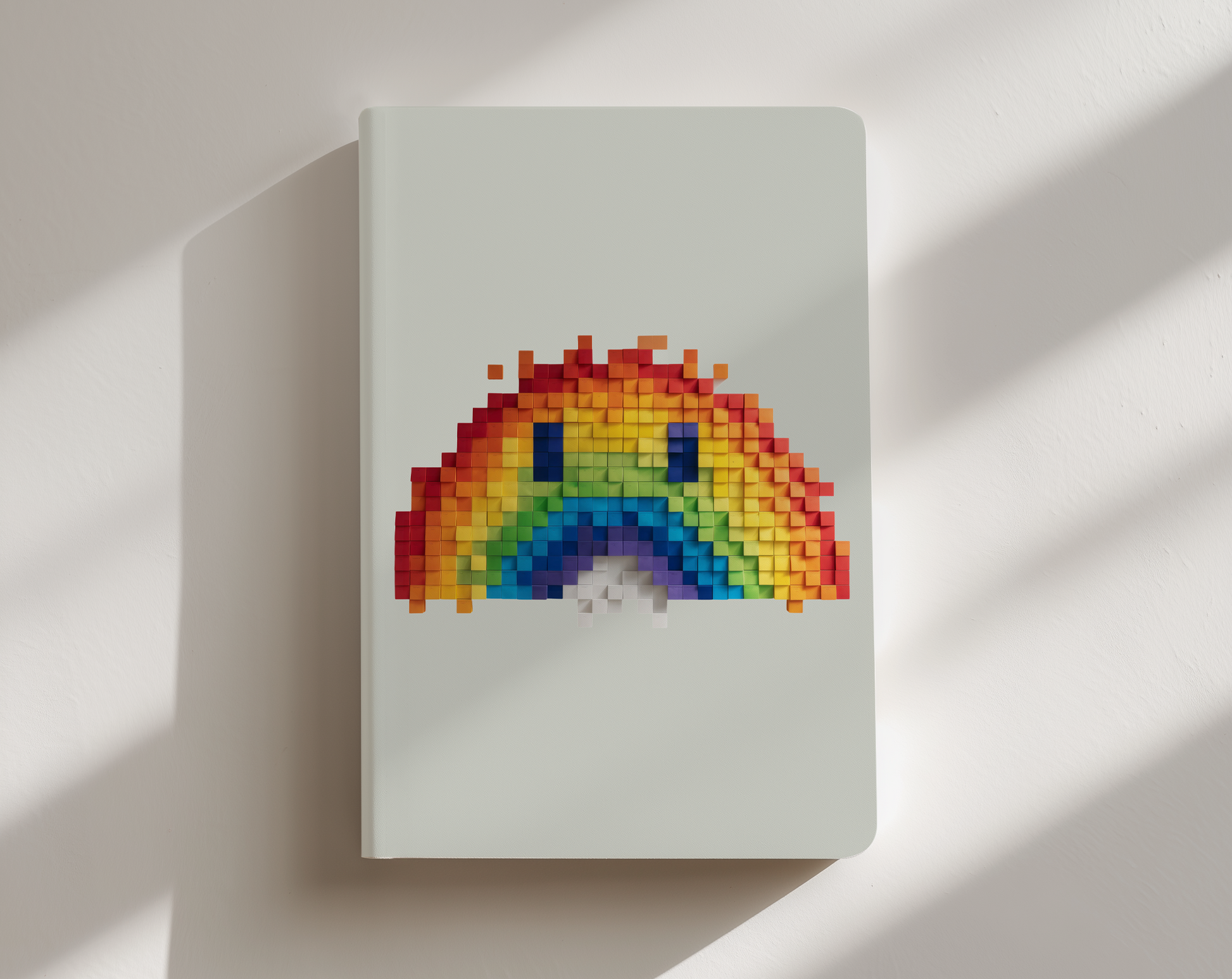 Notebook with a pixelated rainbow design on a light background