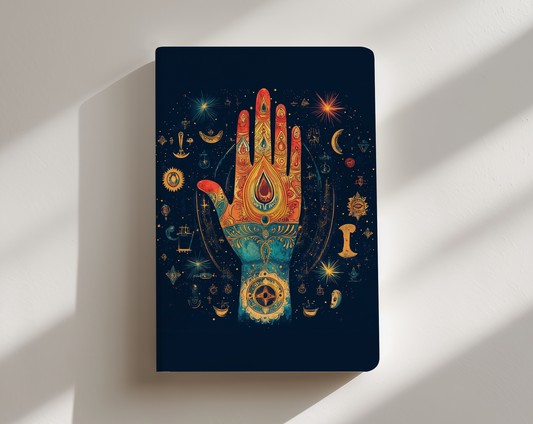 Decorative notebook with a colorful palmistry design on a white background
