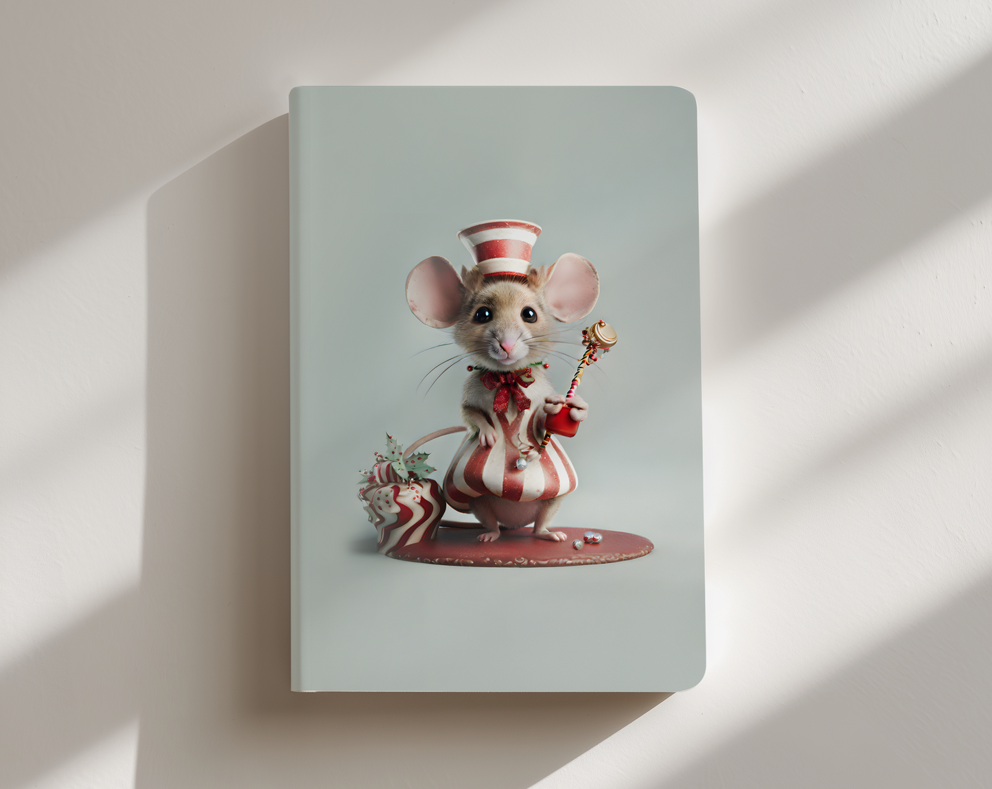 Notebook with a decorative mouse illustration on a light background