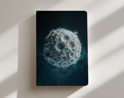 Notebook with a cover featuring a close-up of a virus under a microscope on a white surface.