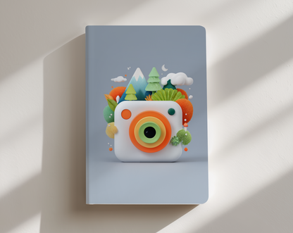 Notebook with a colorful camera design on a light gray background