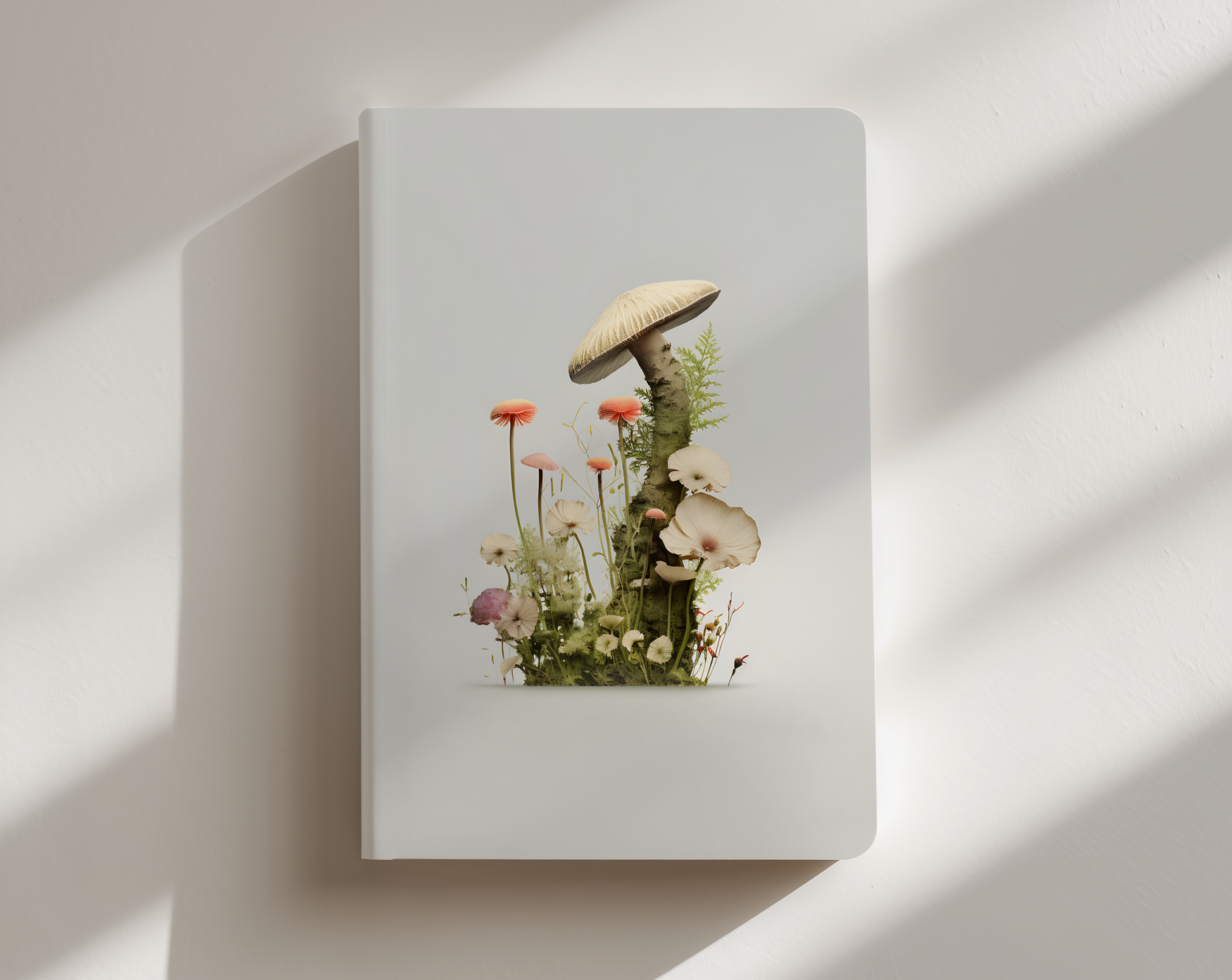 White book with a mushroom and flower illustration on a light background