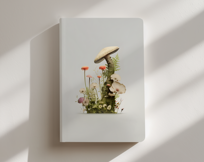 White book with a mushroom and flower illustration on a light background