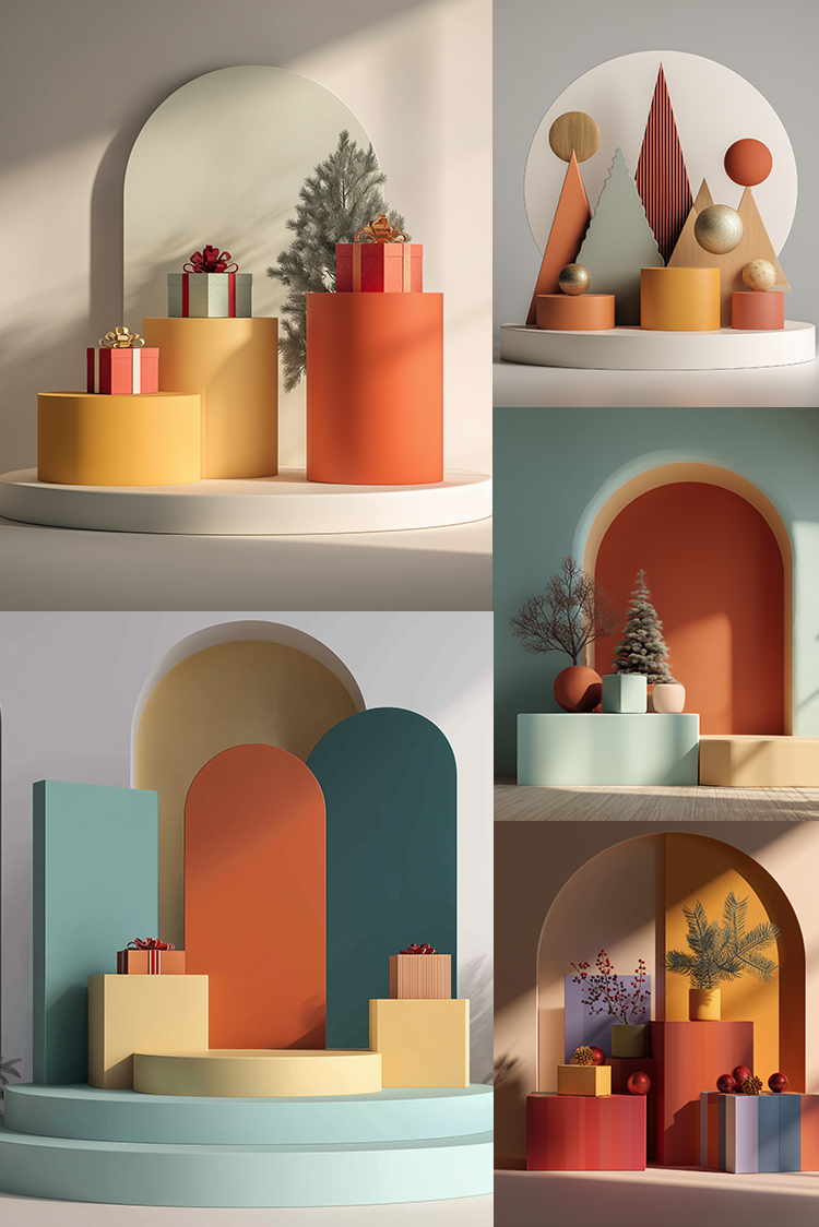 Collage of geometric shapes and colorful boxes arranged in a decorative setting.